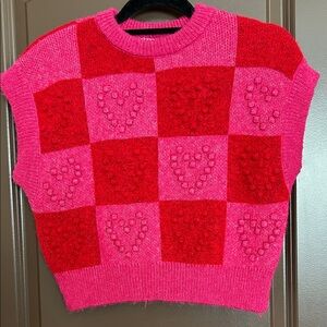 Zara Red and Pink Checkered Hearts Cropped Sweater Size Small
